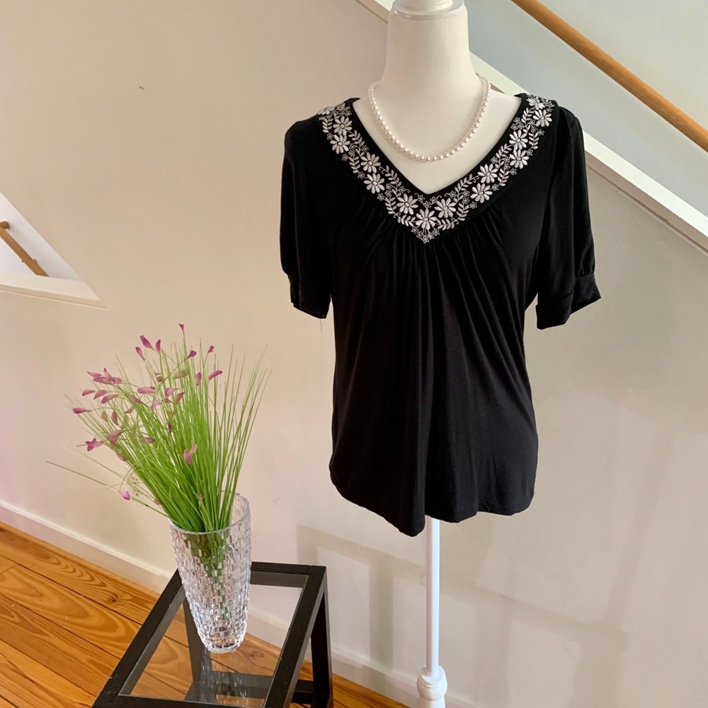 Ann Taylor Embroidered neckline, knit top
